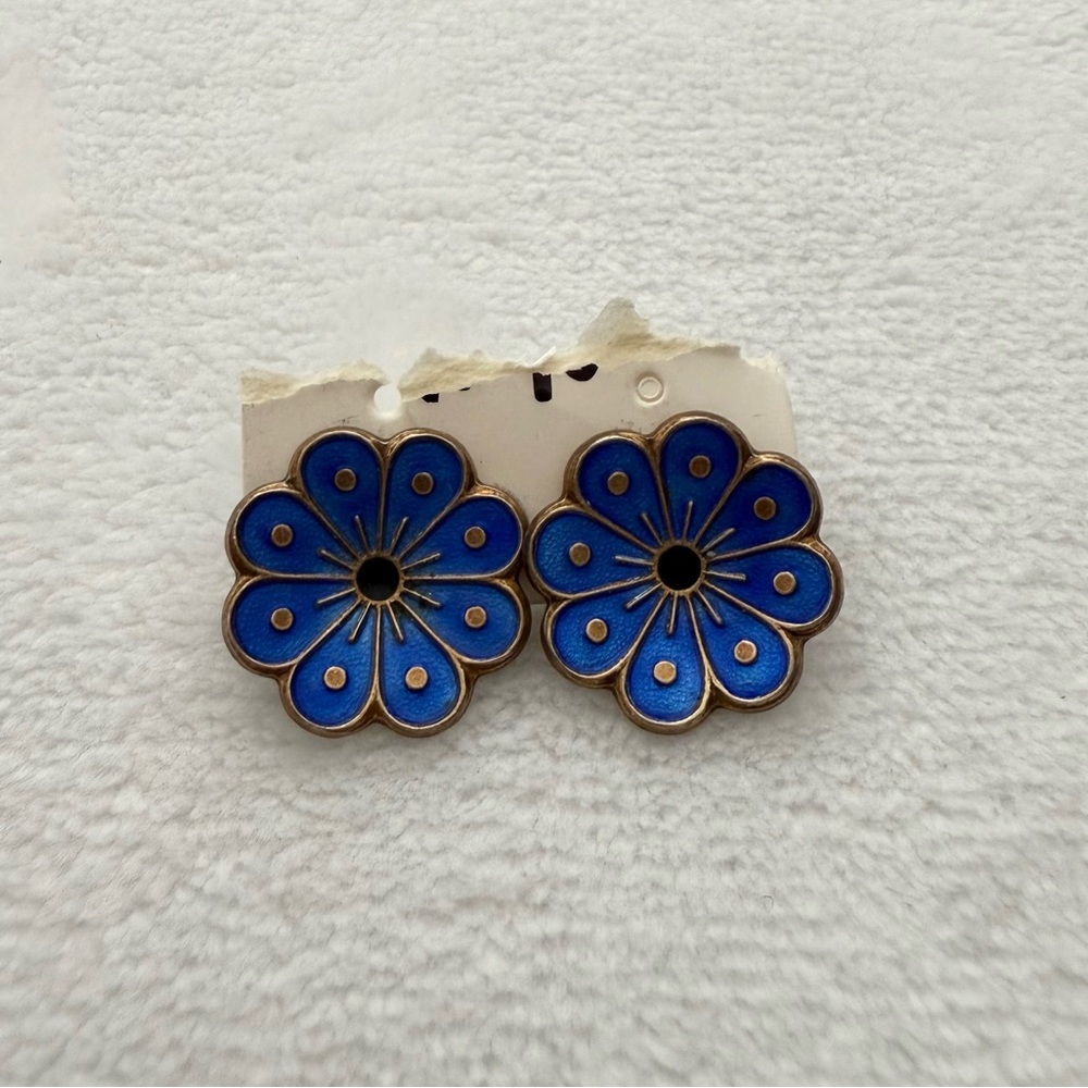 David Andersen Norway Sterling Silver Blue Enamel Flower Earrings Vintage ClipOn